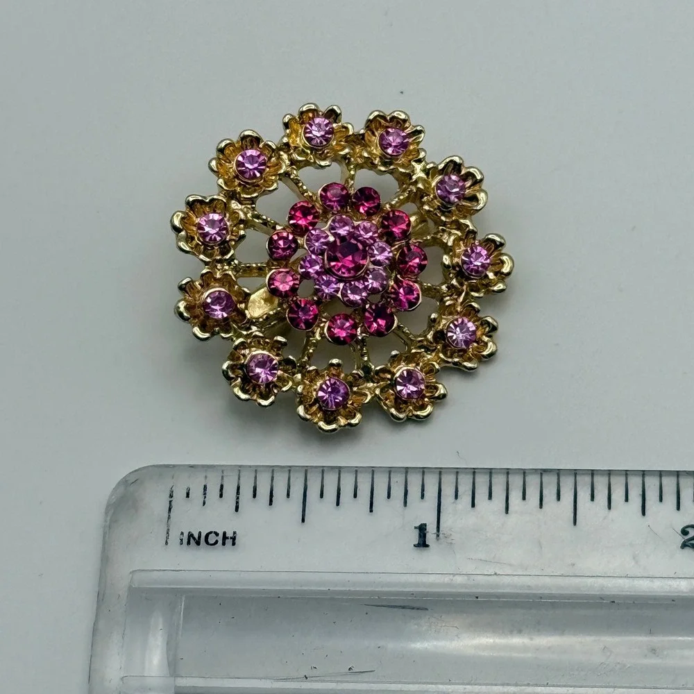 Vintage Pink Rhinestone Floral Brooch Gold Tone Flower Pin Costume Jewelry Gift